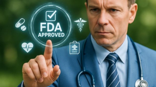 FDA approval concept with medical professional and virtual icons.