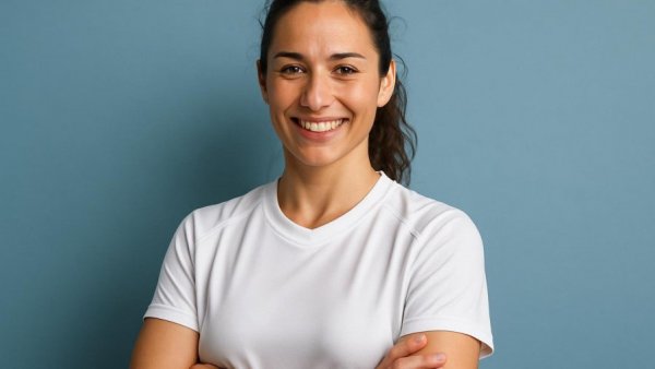 Woman in sports jersey with confident smile against blue background.