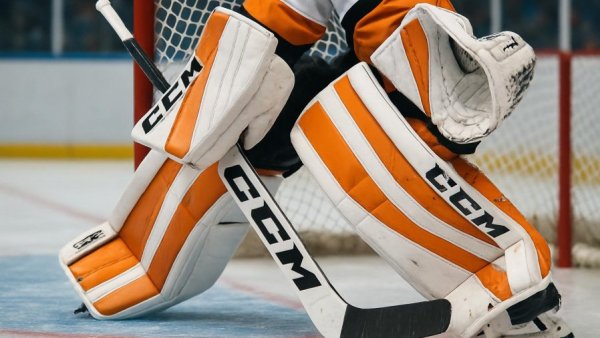 Close-up of ice hockey goalie pads at Scotch Plains-Fanwood game.