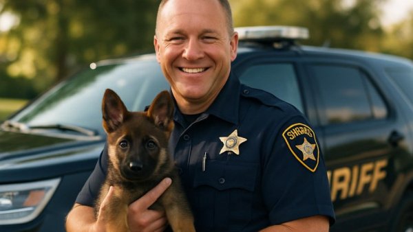 Smiling Morris County Sheriff K-9 Officer holds puppy beside vehicle.