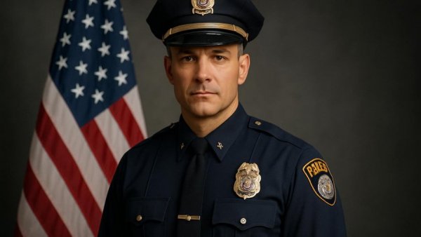 Detective Sergeant, formal uniform, with flag backdrop.