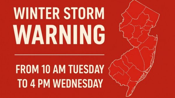 Alert graphic for Winter Storm Warning in Northern NJ with highlighted map.