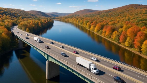 Delaware River bridge with scenic autumn view and toll rates context.