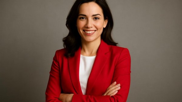 Professional woman in red suit smiling in a studio portrait, representing marital strain during COVID-19.