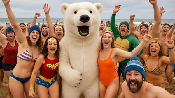 Polar bear mascot and crowd at New Jersey January event 2026 beach celebration.