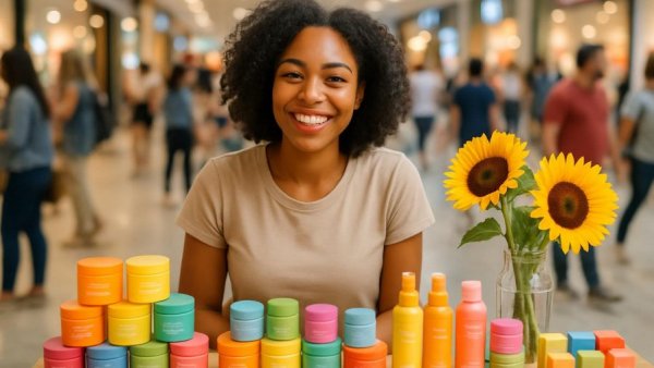 Vendor at pop-up shop in lively mall, New Jersey.