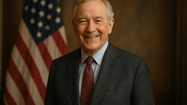 Distinguished man in front of flag for New Jersey State Development Plan update.