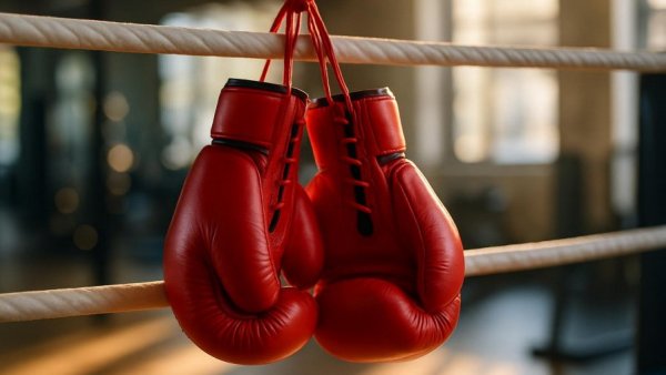 Red boxing gloves hanging in a gym.