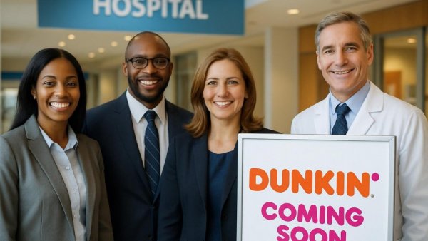 Dunkin' opening announcement at Hunterdon Medical Center with group smiling.