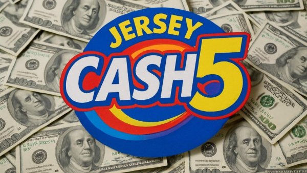 Jersey Cash 5 lottery logo among hundred-dollar bills.