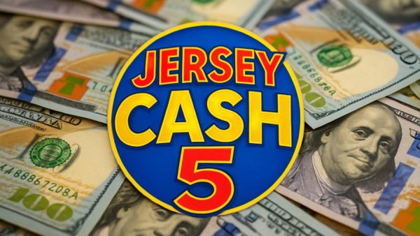 Jersey Cash 5 jackpot logo on a backdrop of cash