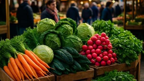 Fresh produce at New Jersey Winter Farmers Markets, vibrant vegetables in marketplace.