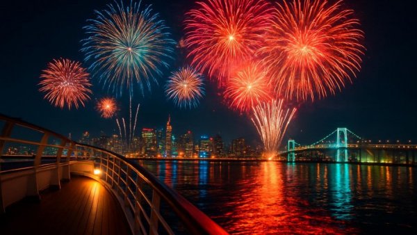 Fireworks at New Year's events in Northern NJ, city skyline view.