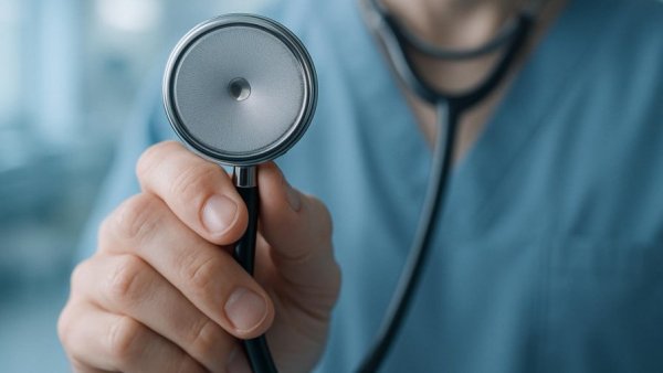 Detailed stethoscope held by hand, medical focus, blue background.