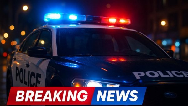 Police car lights at night with news overlay, Warren County NJ car accident.