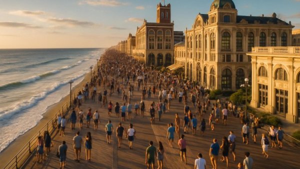 Aerial view of Atlantic City boardwalk at sunset, showcasing popular attractions.