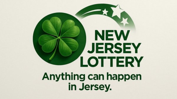 NJ Lottery prizes of $10K or more logo with clover and stars.