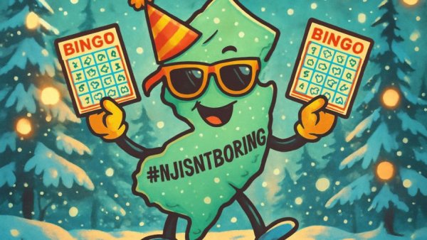 Whimsical New Jersey map with party hat and bingo cards over winter scenery for New Jersey January Activities.