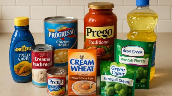 B&G Foods products including sauces, soups and oils on kitchen counter.