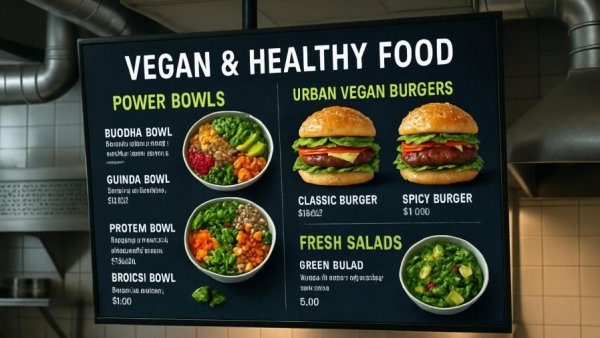 Digital menu board displaying NJ eateries options with vegan and healthy eats.