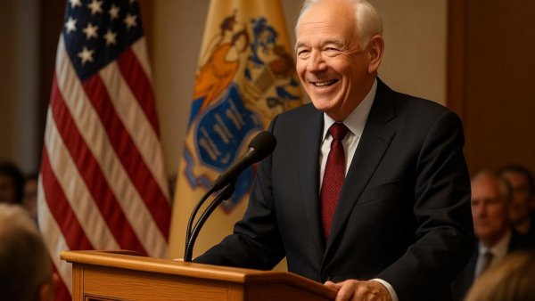 New Jersey crime rates decline 2025: speaker at podium, flags behind.