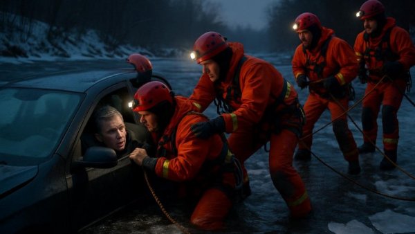 Emergency responders rescuing driver from icy NJ river.