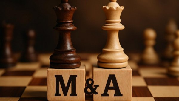 Chess game symbolizing Merck acquisition of Cidara Therapeutics with M&A blocks.