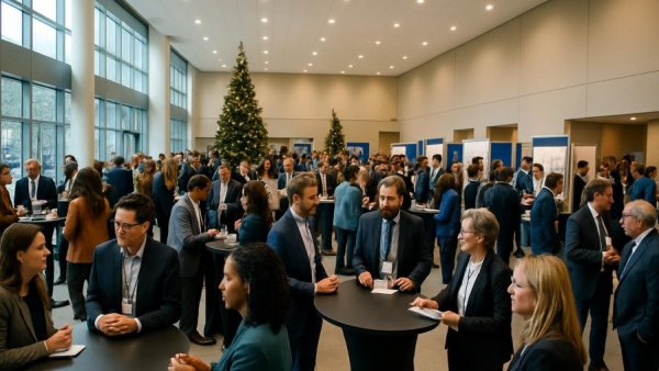 Modern atrium with professionals networking, New Jersey innovation economy event.