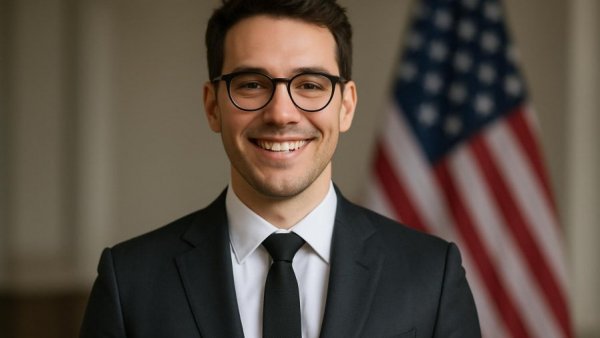 Portrait of a smiling young man in front of the American flag indoors, related to data center siting Warren County NJ.