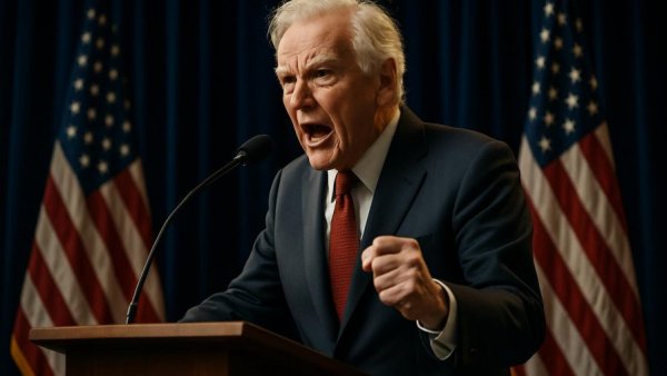 Distinguished man speaking passionately at podium with flags.