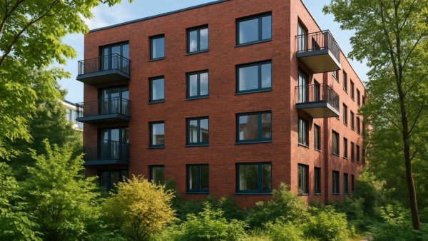 Princeton luxury homes market scene with brick apartment and greenery.