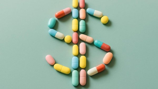 Colorful pills form dollar sign on turquoise background, symbolizing lower drug prices.
