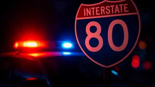 I-80 road sign with police lights, Morris County accident scene.