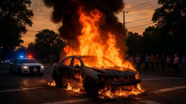 Vehicle fire at intersection after a two-car crash, evening scene.