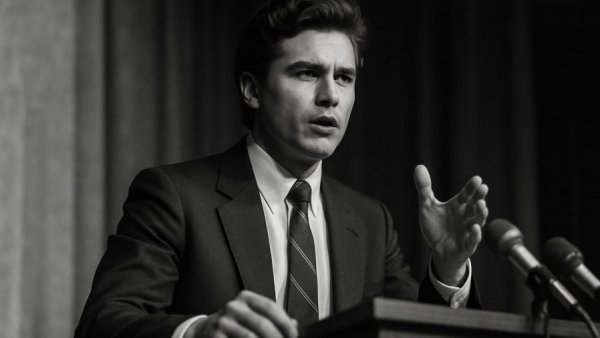 Young man speaking confidently in a black-and-white photo, 1980s style.