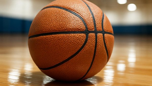 Basketball on polished court floor, symbolizing Wardlaw-Hartridge basketball victory.