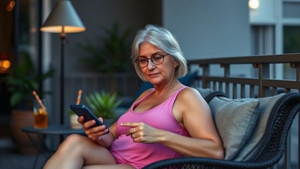 Middle-aged woman using smartphone on patio, predict rheumatoid arthritis flares.