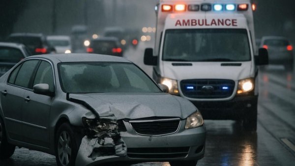 New Jersey traffic deaths scene with crashed car and ambulance.