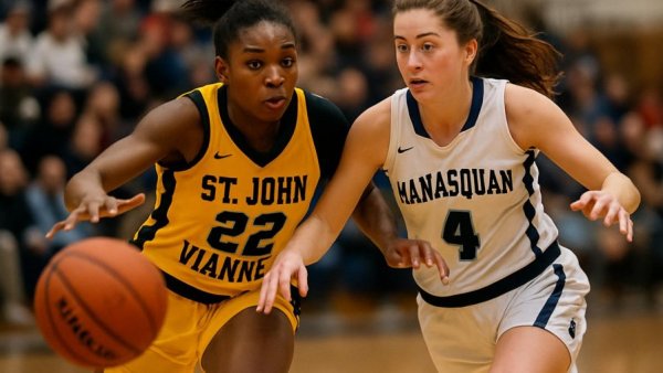 St. John Vianney vs Manasquan basketball match action.