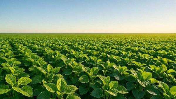 Sunlit New Jersey farmland with lush green crops under a blue sky.