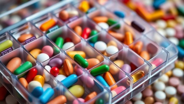 Close-up of a weekly pill organizer with CNS-active drugs.