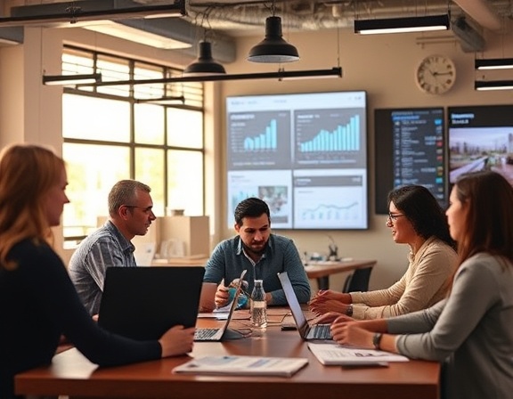 dynamic content marketing team, collaborative, strategizing, photorealistic, urban co-working space with diverse teams at work, highly detailed, digital ads and graphs displayed, crisp clarity, warm tones, soft studio lighting, shot with an 85mm lens.