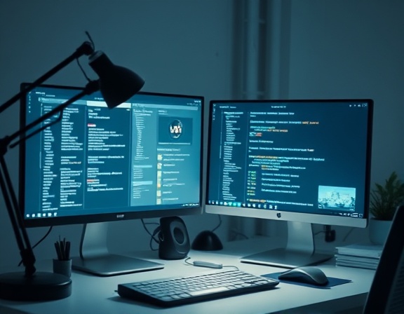 meticulous content management, concentrated, organizing files, photorealistic, minimalist tech workspace with dual monitors and desk lamp, highly detailed, digital elements on screens, ultra HD, cool tones, soft ambient lighting, shot with a 35mm lens