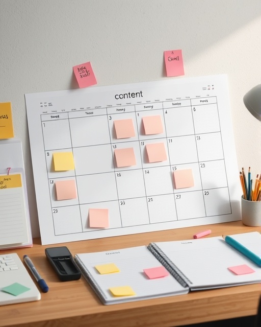 organized content calendar layout, meticulous, scheduling, photorealistic, minimalistic desk environment with sticky notes and planners, highly detailed, colorful stickers and markers, high resolution, pastel colors, ambient morning light, shot with a 35mm lens.