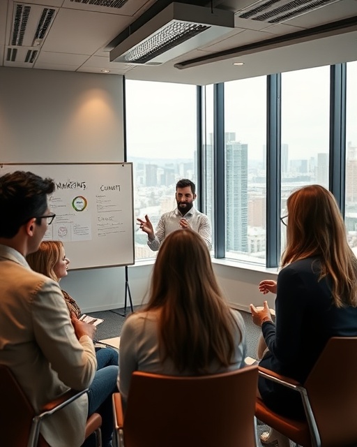 dynamic content marketing, enthusiastic, presenting to a small group, photorealistic, stylish conference room with whiteboard and city view, highly detailed, interaction within team, sharp focus, warm colors, overhead lighting, shot with a 85mm lens