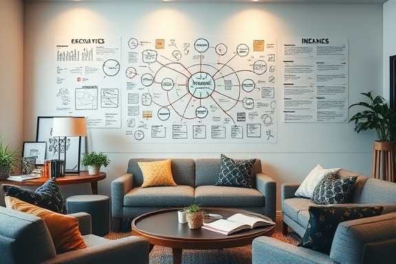 innovative content ideas session, enthusiastic, ideating, photorealistic, creative lounge with mind maps on walls, highly detailed, pens and notebooks scattered, precise details, cool tones, diffused lighting, shot with a 24mm lens.