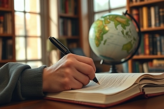 strategic content planning, thoughtful, writing in a notebook, photorealistic, cozy study with bookshelves and globe, highly detailed, pen movement, fine detail capture, earthy tones, diffused lighting, shot with a 24mm lens