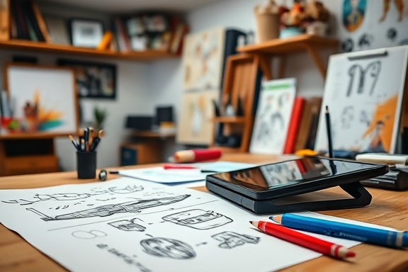 imaginative content design sketches, inspired, drawing, photorealistic, artistic studio with digital tablets and paper drafts on table, highly detailed, concept art and vibrant palettes, ultra high definition, bold colors, directional spotlight, shot with a macro lens.