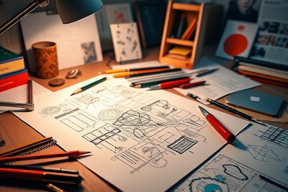 creative content development, inspired, sketching ideas on paper, photorealistic, artistic studio with scattered art supplies and sketches, highly detailed, vivid expression in sketches, high contrast, vivid colors, directional lighting from desk lamp, shot with a macro lens