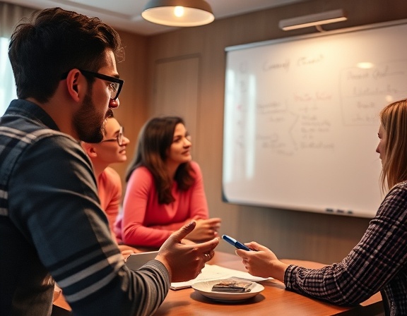 collaborative meeting, focused, exchanging ideas actively, photorealistic, cozy meeting room with interactive whiteboard, highly detailed, dynamic exchange of thoughts, 35mm lens, warm colors, diffused lighting
